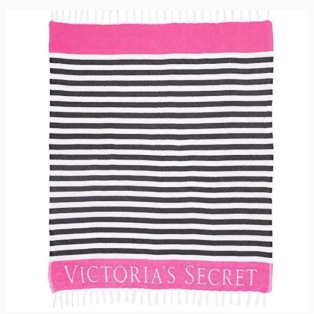 Victoria's Secret Black and White Striped Blanket with Pink